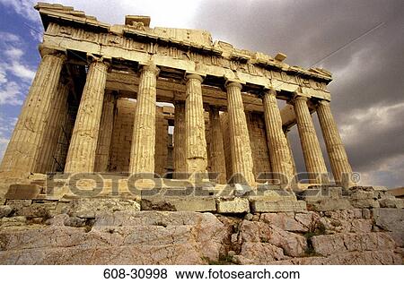 Stock Photo - Low angle view of the ruins a temple, Parthenon, Acropolis, Athens, Greece. Fotosearch