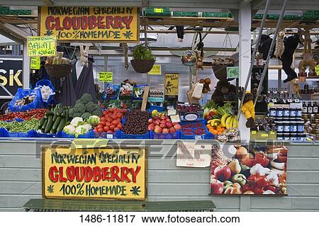Stock Photo - Market stall with vegetables and fruits, Torget Market, Bergen, Hordaland County, Norway. Fotosearch