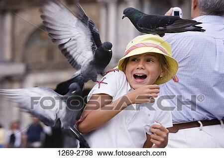 Pigeons perching on a girl looking afraid, St. Mark's Square, Venice, Veneto, Italy View Large Photo Image Stock Photo - Pigeons perching on a girl looking afraid, St. Mark's Square, Venice, Veneto, Italy. Fotosearch