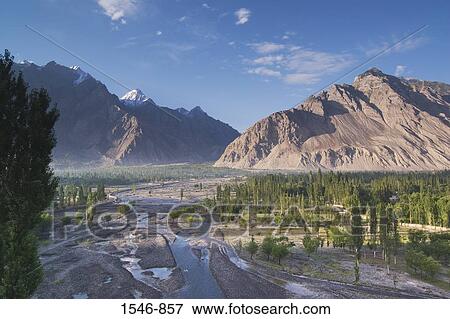 Stock Photo - River passing through a valley, Skardu, Karakoram Range, Pakistan. Fotosearch
