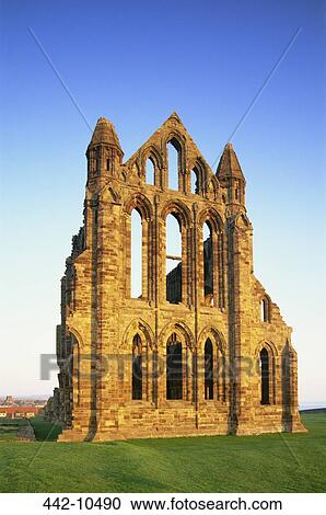Stock Image - Ruins of an abbey, Whitby Abbey, Whitby, North Yorkshire, England. Fotosearch