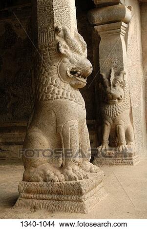 Picture - Sculpture of two lions in a temple, Ramanuja Mandapa, Mahabalipuram, Tamil Nadu, India. Fotosearch