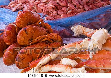 Seafood at a market stall, Torget Fish Market, Bergen, Hordaland County, Norway View Large Photo Image Stock Photograph - Seafood at a market stall, Torget Fish Market, Bergen, Hordaland County, Norway. Fotosearch