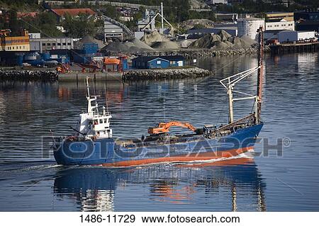 Stock Photo - Ship near a commercial dock, Tromso, Toms County, Nord-Norge, Norway. Fotosearch