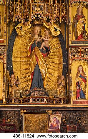Picture - Statues of Virgin Mary and Jesus Christ at an altar, St. Mary's Church, Bryggen, Bergen, Hordaland County, Norway. Fotosearch