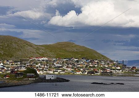 Stock Image - Town on an island, Honningsvag Port, Honningsvag, Mageroya Island, Finnmark County, Norway. Fotosearch
