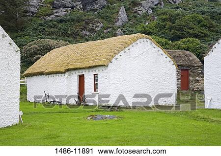 Stock Image - Traditional cottages in a folk museum, Folk Village Museum, Glencolmcille, County Donegal, Ulster Province, Ireland. Fotosearch