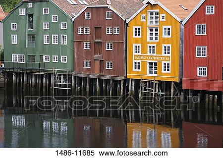 Stock Photography - Warehouse at the riverfront, Bryggen, Trondheim, Trondelag County, Trondelag, Norway. Fotosearch