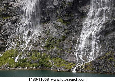 Stock Photo - Waterfall, Seven Sisters Waterfall, Geirangerfjord, More og Romsdal, Sunnmore, Norway. Fotosearch