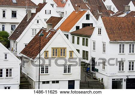 Stock Photography - Wooden houses in a city, Clausegaten Street, Gamle Stavanger, Stavanger, Rogaland County, Norway. Fotosearch
