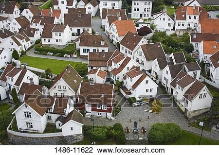 Stock Image - Wooden houses in a city, Gamle Stavanger, Stavanger, Rogaland County, Norway. Fotosearch