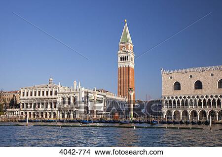 Bell tower with palace at waterfront, St Mark's Campanile, Doge's Palace, St. Mark's Square, Venice, Veneto, Italy View Large Photo Image Picture - Bell tower with palace at waterfront, St Mark's Campanile, Doge's Palace, St. Mark's Square, Venice, Veneto, Italy. Fotosearch