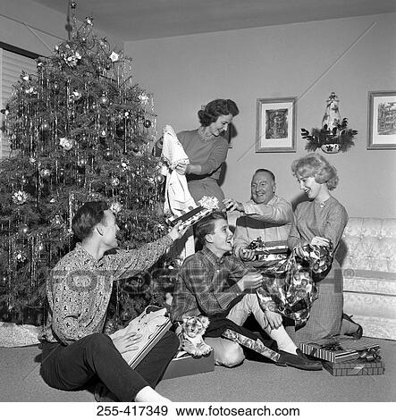 Family opening christmas gifts around Christmas tree View Large Photo Image Stock Photo - Family opening christmas gifts around Christmas tree. Fotosearch