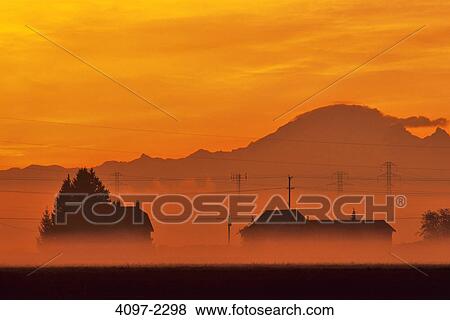 Farm covered with fog at sunrise, Fraser Valley, British Columbia, Canada View Large Photo Image Stock Photo - Farm covered with fog at sunrise, Fraser Valley, British Columbia, Canada. Fotosearch