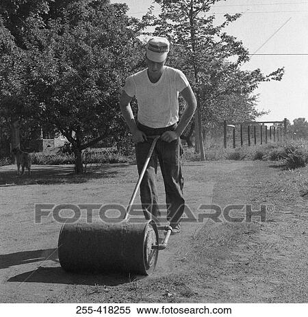 Man with lawn roller View Large Photo Image Stock Photography - Man with lawn roller. Fotosearch