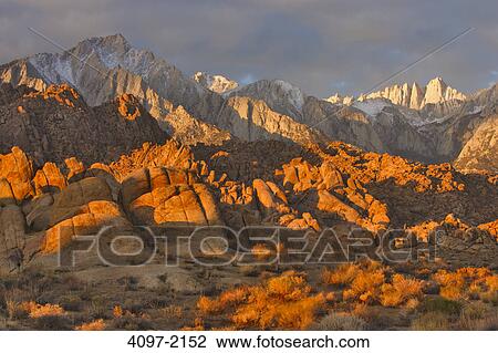 Stock Image - Panoramic view of mountains, Alabama Hills, Mt Whitney, Californian Sierra Nevada, California, USA. Fotosearch