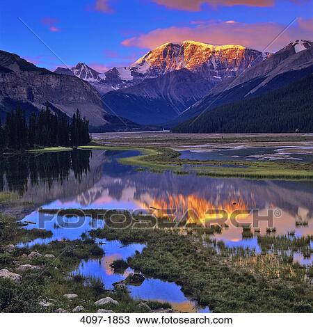Reflection of a mountain in water, Jasper National Park, Alberta, Canada View Large Photo Image Stock Image - Reflection of a mountain in water, Jasper National Park, Alberta, Canada. Fotosearch