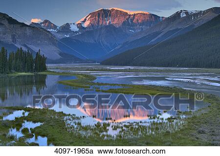 Stock Image - River with mountains in the background, Sunwapta River, Sunwapta Valley, Mt Andromeda, Jasper National Park, Alberta, Canada. Fotosearch