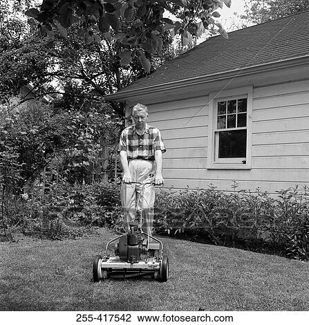 Senior man mowing grass in backyard View Large Photo Image Stock Image - Senior man mowing grass in backyard. Fotosearch