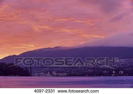 Suspension bridge lit up at dusk, Lions Gate Bridge, Stanley Park, Vancouver, British Columbia, Canada View Large Photo Image Stock Image - Suspension bridge lit up at dusk, Lions Gate Bridge, Stanley Park, Vancouver, British Columbia, Canada. Fotosearch