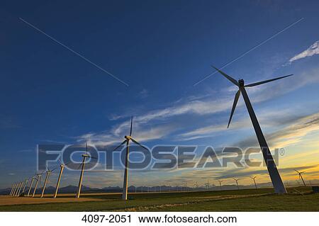 Stock Image - Wind turbines on a hill, Alberta, Canada. Fotosearch
