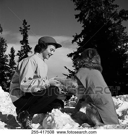 Stock Photo - Woman shaking hands with dog in snowy forest. Fotosearch