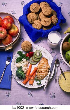 Healthy low cholesterol meal which includes four food groups with baked skinless chicken breast ...