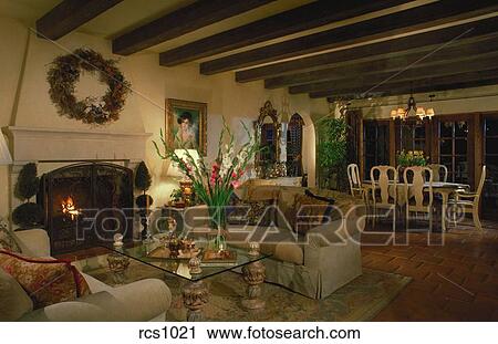 Interior View Of A French Country Style Living Room With A Wreath