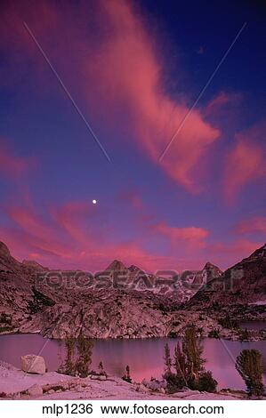 Moon over Evolution Lake at sunset, John Muir Trail, Kings Canyon National Park, California ...