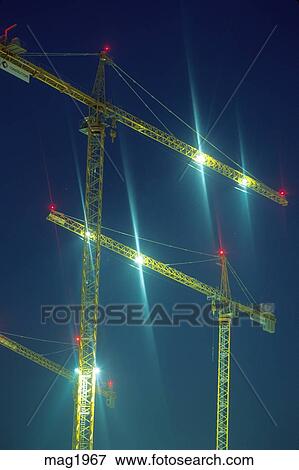 Highrise Tower Cranes Night Lighting Stock Photo Highrise Tower Cranes Night Lighting Stock Photo