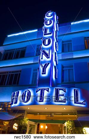 Miami Beach Florida Usa Blue Neon Sign For The Colony Hotel At Night On Ocean Drive In The South Beach Neighborhood Known For Its Art Deco Architecture Stock Image Rwc1580 Fotosearch