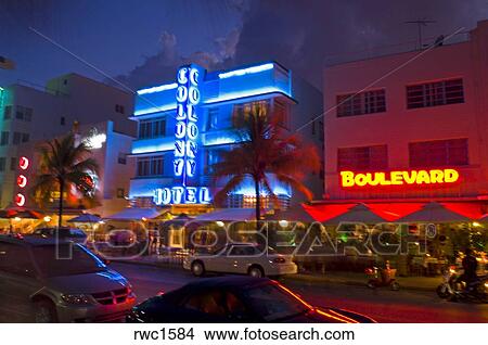 Stock Photo Of Miami Beach Florida Usa The Colony Hotel At Miami Beach Florida Usa The Colony Hotel At Night On Ocean Drive In South Neighborhood Known For Its Art Deco Architecture