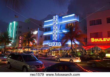 Stock Photograph Of Miami Beach Florida Usa The Colony Hotel At Miami Beach Florida Usa The Colony Hotel At Night On Ocean Drive In South Neighborhood Known For Its Art Deco Architecture