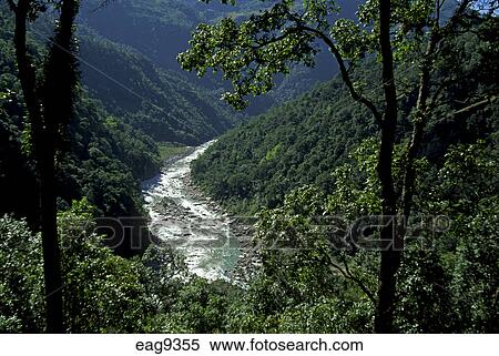 The mighty ARUN RIVER winds through the semi tropical low hills of NEPAL north of TUMLINGTAR 