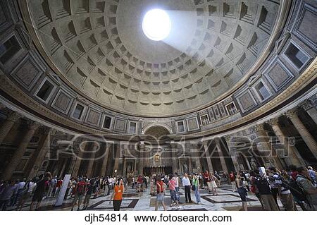 Italy Lazio Rome The Pantheon Church Interior Vaulted Ceiling Tourists Picture