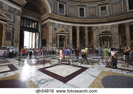 Italy Lazio Rome The Pantheon Church Interior Vaulted Ceiling Tourists Stock Photo