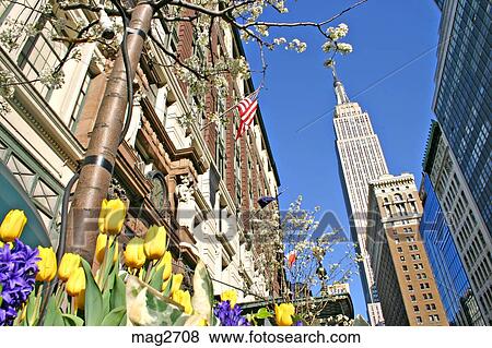 Empire State Building And Macy S Storefront In Spring New York City Stock Photo Mag2708 Fotosearch