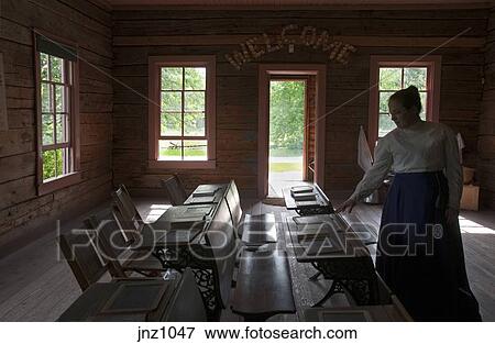 One Room Schoolhouse Teacher At Desks Old World Wi Stock