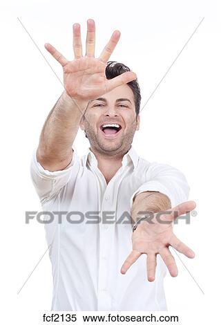 Excited Man In Shirt With Both Arms Outstretched Toward Camera Isolated On White Stock Photography Fcf2135 Fotosearch