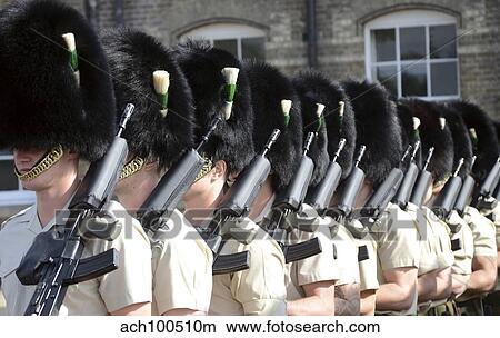 Picture - 1st Battalion Welsh Guards on the drill square at Cavalry Barracks, Hounslow, London.. Fotosearch