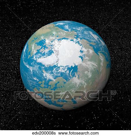 Stock Illustration - 3D rendering of planet Earth centered on the North Pole.. Fotosearch