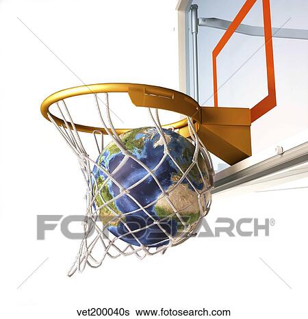 Stock Illustration - 3D rendering of planet Earth falling into a basketball hoop.. Fotosearch