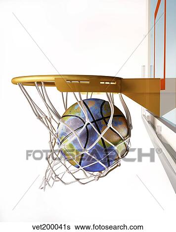 Stock Illustration - 3D rendering of planet Earth falling into a basketball hoop.. Fotosearch