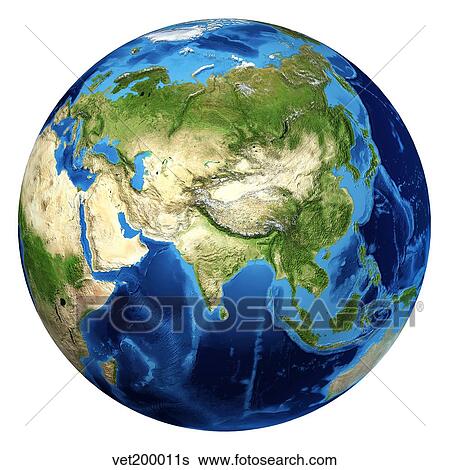 Stock Illustration - 3D rendering of planet Earth with clouds, centered on Asia.. Fotosearch