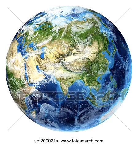 3D rendering of planet Earth with clouds, centered on Asia. View Large Illustration Stock Illustration - 3D rendering of planet Earth with clouds, centered on Asia.. Fotosearch