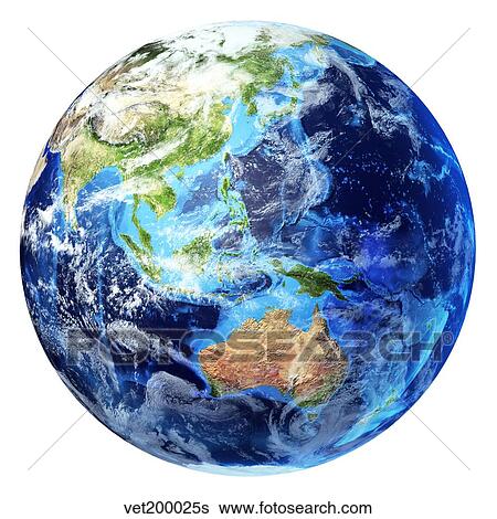 Stock Illustration - 3D rendering of planet Earth with clouds, Oceania view.. Fotosearch