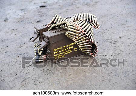 7. 62mm belted rounds with ammunition box. View Large Photo Image Picture - 7. 62mm belted rounds with ammunition box.. Fotosearch