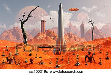 A 1950s style scene showing a rocketship on a red planet. View Large Illustration Stock Illustration - A 1950s style scene showing a rocketship on a red planet.. Fotosearch