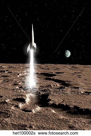 Stock Illustration - A 1950's view of a stream-lined finned spaceship beginning its landing phase.. Fotosearch