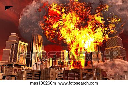 Stock Illustration - A 3D conceptual image of a stealth bomber nuking a city.. Fotosearch